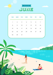 June calendar with beach scene illustration