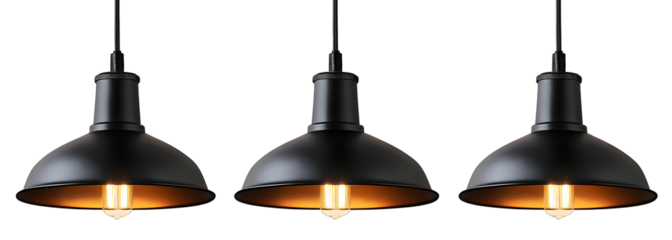 Three matte black pendant lights with warm golden Edison bulbs