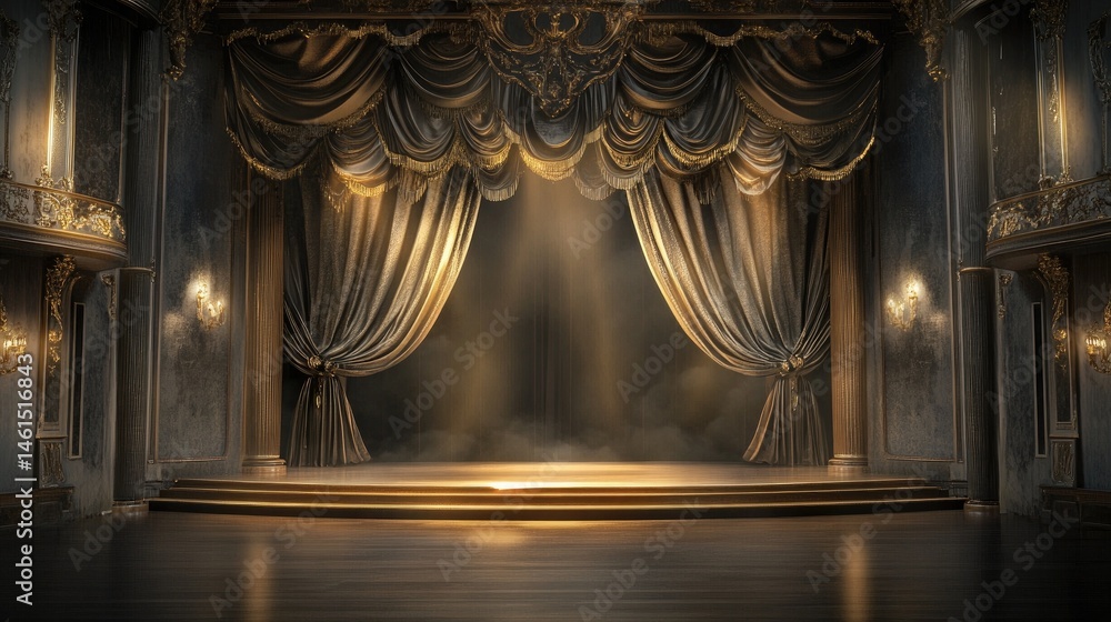 Poster a grand theater stage with elegant golden drapes and a dark backdrop. set for a performance. illumin