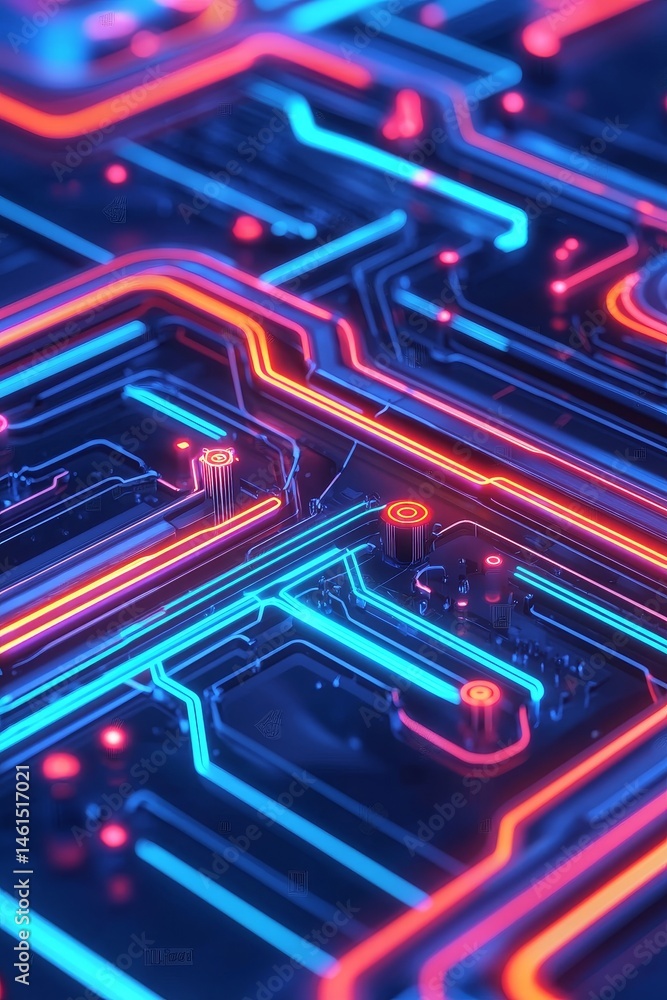 Poster abstract circuit design with vibrant neon colors and intricate patterns. renewable resources geother