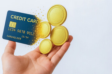 A credit card in a hand transforms into digital gold coins, symbolizing digital payments and online transactions.