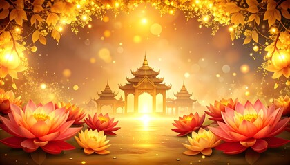 Golden Vesak Background with Lotus Flowers, Buddha Statue, and Glowing Particles
