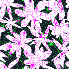 Hand drawn graphic abstract flowers. Scribble. Seamless textile pattern. Vector.