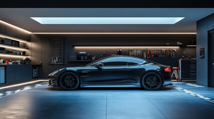 Sleek black sports car showcased in a modern, minimalist automotive garage