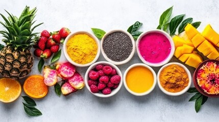 Vibrant Display of Fresh Fruits and Colorful Spices Arranged on a Light Background for Healthy Living