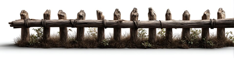 Naklejka premium Rustic picket fence in nature weathered wood texture outdoor setting handmade wooden boundary with natural wood grain