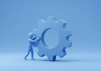 Person Pushing Large Gear in Blue Monochromatic Scene