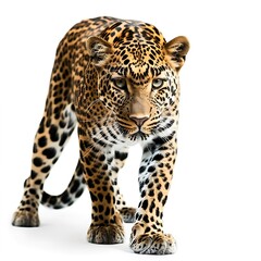 Fototapeta premium Majestic Leopard's Stride: A powerful leopard, its spotted coat a masterpiece of natural design, confidently strides forward. This image captures the animal's grace and power, the essence of the wild