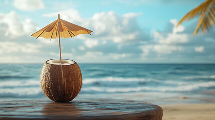 Coconut with a straw in it is sitting on a table next to the ocean. The umbrella on top of the coconut adds a tropical vibe to the scene