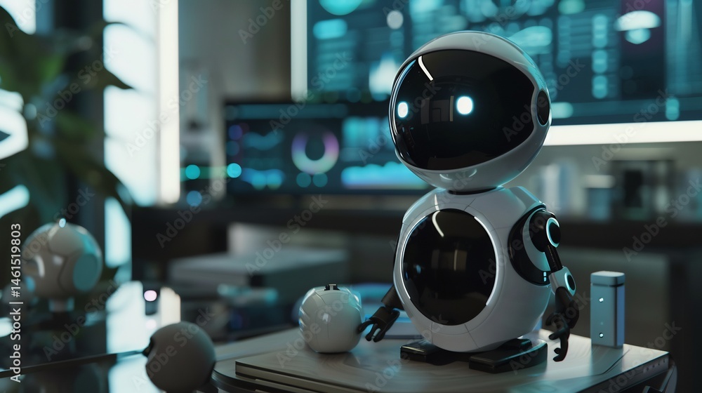 Poster futuristic bot assistant in a modern tech workspace with advanced interfaces