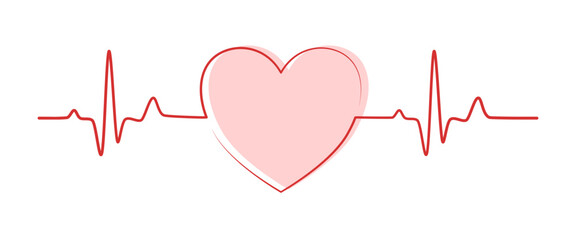 Red line normal sinus rhythm heart graph with pink heart. Vector Medical Illustration