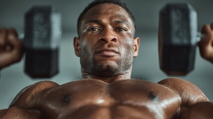 Gym lifestyle photo of athletic man doing dumbbell press on bench, focused expression and perfect body form