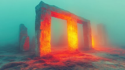 Mysterious, illuminated stone structures in a misty landscape.