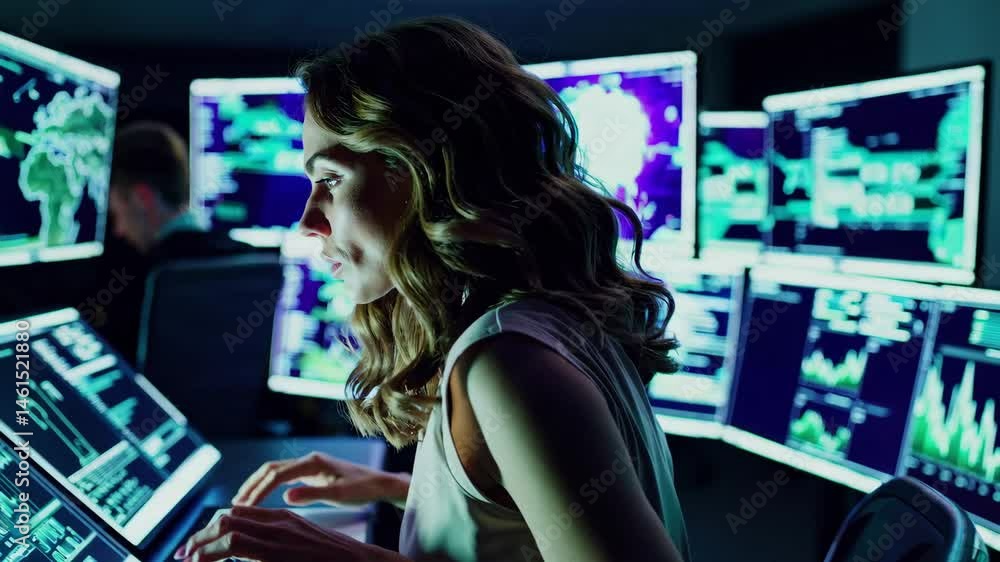 Poster focused woman analyzing data in technological control center with multiscreen display
