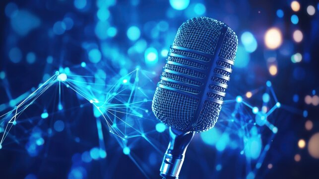 Ultra quality image of microphone with sound waves in the background, representing podcasting and audio recording work on a blue digital backdrop. Web banner with copy space on the.