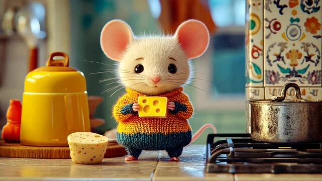 Cute cartoon mouse holding cheese in a cozy kitchen