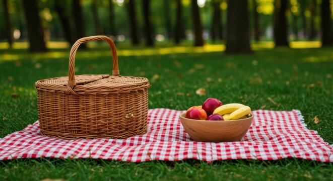 A picnic basket and fruit bowl sitting on a red and white checkered blanket in a grassy area outdoors - Powered by Adobe