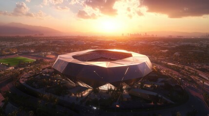 Spectacular stadium view under golden sunset, a modern architectural marvel