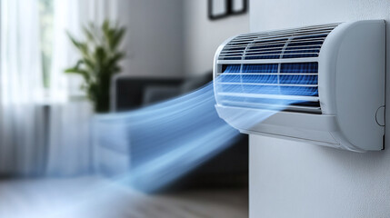 Modern portable air conditioner with cool fresh blue moving stream in living room. Summer cooling system installation. Ventilation system. Energy efficient climate control