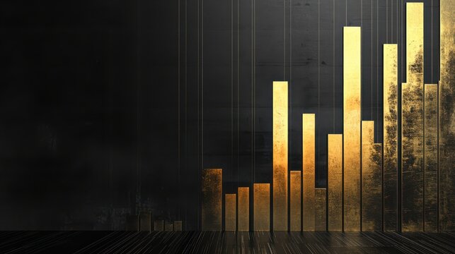 Ultra quality image of gold bar graph rising in the background with black lines and solid dark gray colors, representing stock market growth or financial success.