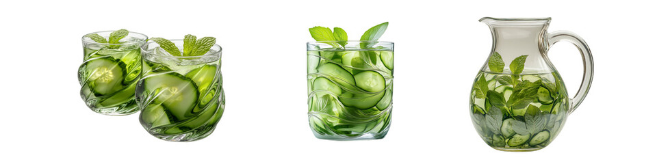 Collection of glasses and pitcher with cucumber lemonade and mint, transparent background.