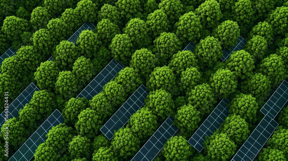 Poster aerial view of green trees and solar panels in a landscape. renewable resources with forest efficien