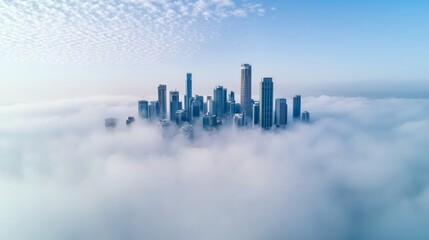 Fototapeta premium City skyline emerging from dense clouds under a clear blue sky. Environmental impact and pollution policy concept.