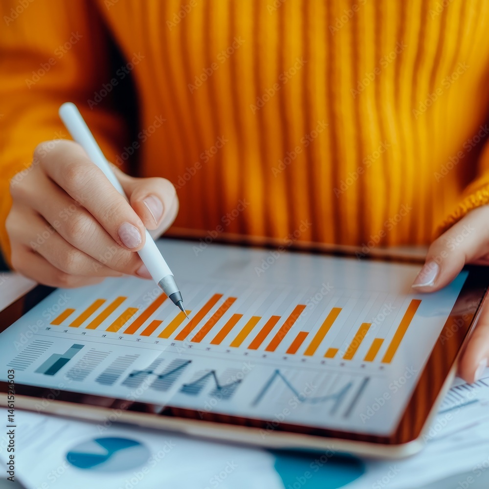Poster analyzing data on a tablet with a stylus in a cozy setting. digital marketing seo trend analysis con