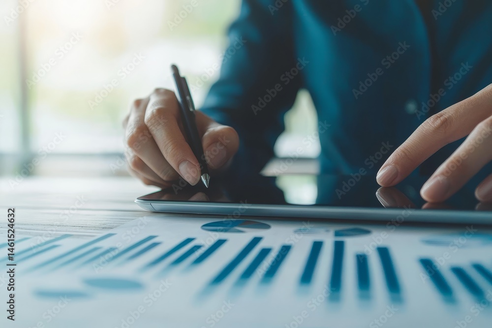 Poster business professional analyzing data on a tablet with graphs. leadership development with decision-m