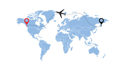 world map, flying white airplanes routes vector illustration