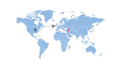 Obraz premium world map, flying white airplanes routes vector illustration