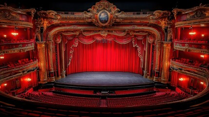 Ornate theater stage with red velvet drapes and seats.