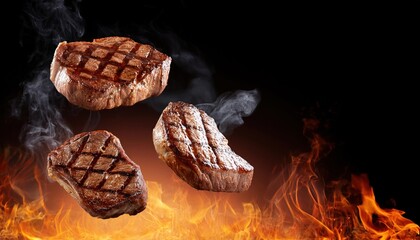 Grill Pork Chops and Beef Steaks Flying in the Air Creative Showcase for Restaurants
