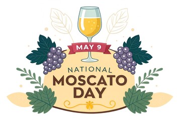 National Moscato Day vector illustration. Glass of white wine and bunch of green grapes still life vector illustration. White wine drink drawing. May 9 every year. Important day