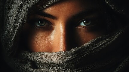 Naklejka premium Eyes gaze from behind a draped sheer fabric veil