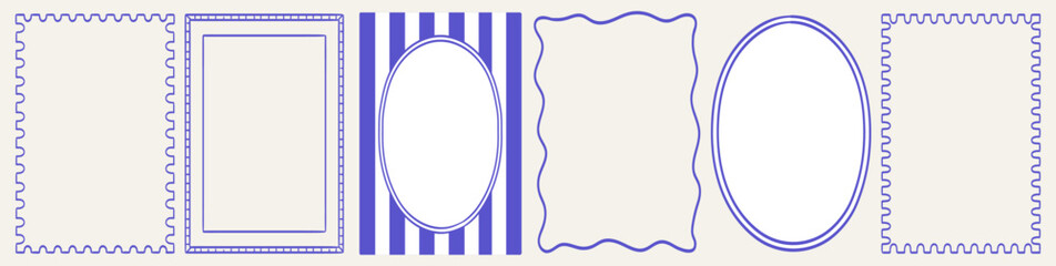 Stamp or letter mark inspired frames for greeting cards, wedding and birthday party, picnic invitations in marine sea coastal style. Hand drawn ornament borders for social media decoration template.