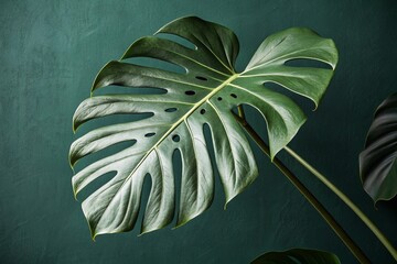 Tropical monstera leaves with characteristic slits on a dark green wall. High quality photo