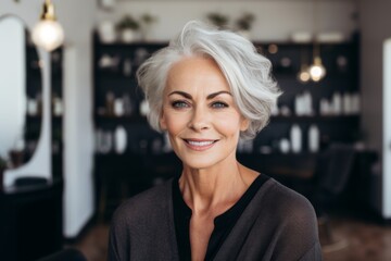 Fototapeta premium portrait of a senior confident woman happy with her hair style in hair salon