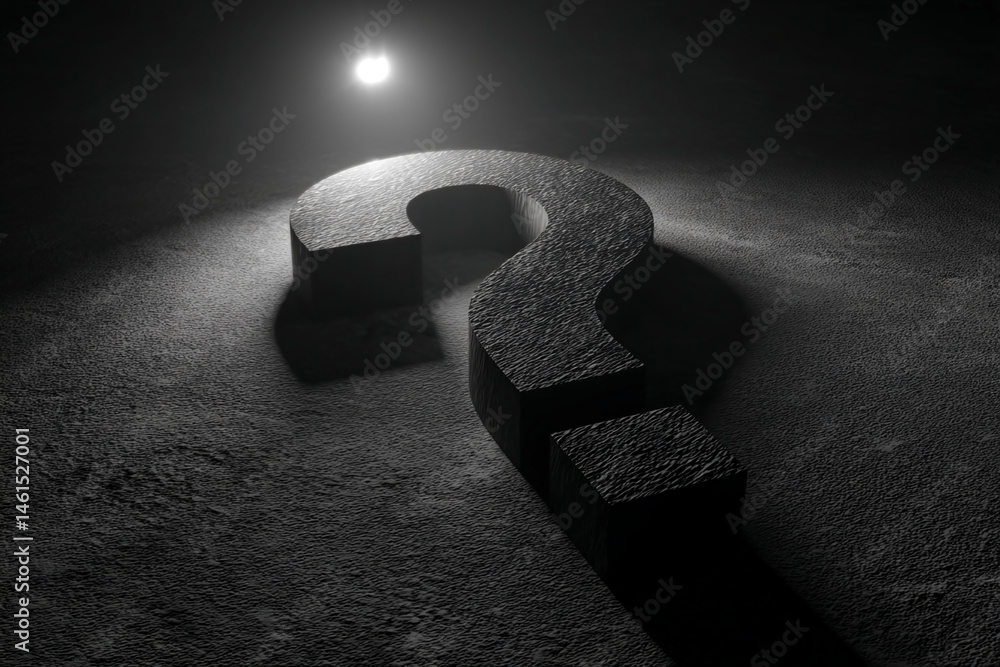 Aufkleber dark textured question mark on dark surface, illuminated from above, symbolizing mystery, inquiry, o