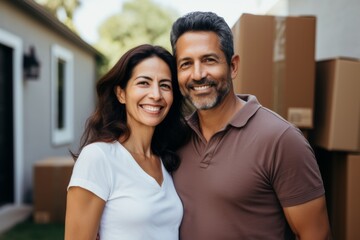 Fototapeta premium portrait of a smiling middle age hispanic couple in empty home after moving in