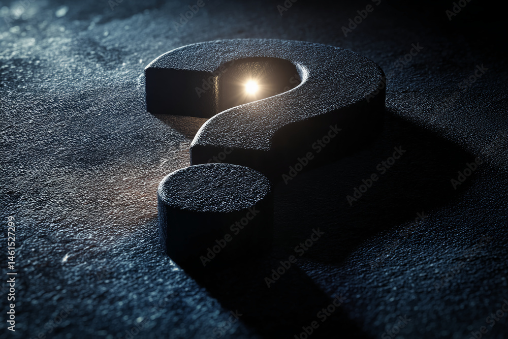 Poster Dark gray textured surface with a three-dimensional question mark, glowing from within, symbolizing mystery, inquiry, or seeking answers