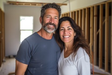 Fototapeta premium portrait of a smiling middle age hispanic couple in empty home after moving in