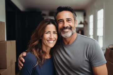 Fototapeta premium portrait of a smiling middle age hispanic couple in empty home after moving in