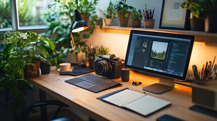 Botanical workspace with camera, computer and editing software onscreen