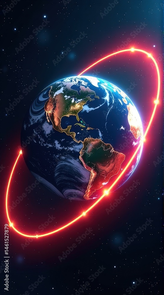 Wall mural earth in space with red glowing orbit path and stars in background.
