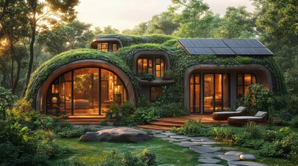 Obraz premium Unique earth house blending nature and modern design, bathed in golden sunlight