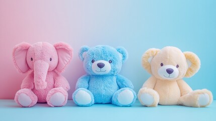 Three pastel-colored plush animals?a pink elephant, a light blue bear, and a light yellow bear?sit in a row against a gradient background of pink and blue