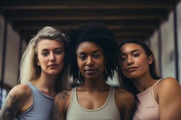 Fototapeta premium portrait of confident body positive diverse group of 3 women in gym in usa