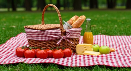 A picnic basket with bread juice cheese apples and tomatoes on a red and white checkered blanket