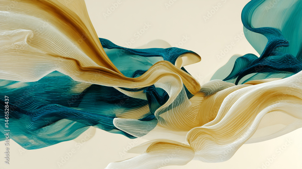 Poster abstract image of flowing teal and gold fabric, creating dynamic, wavy forms against a beige backgro